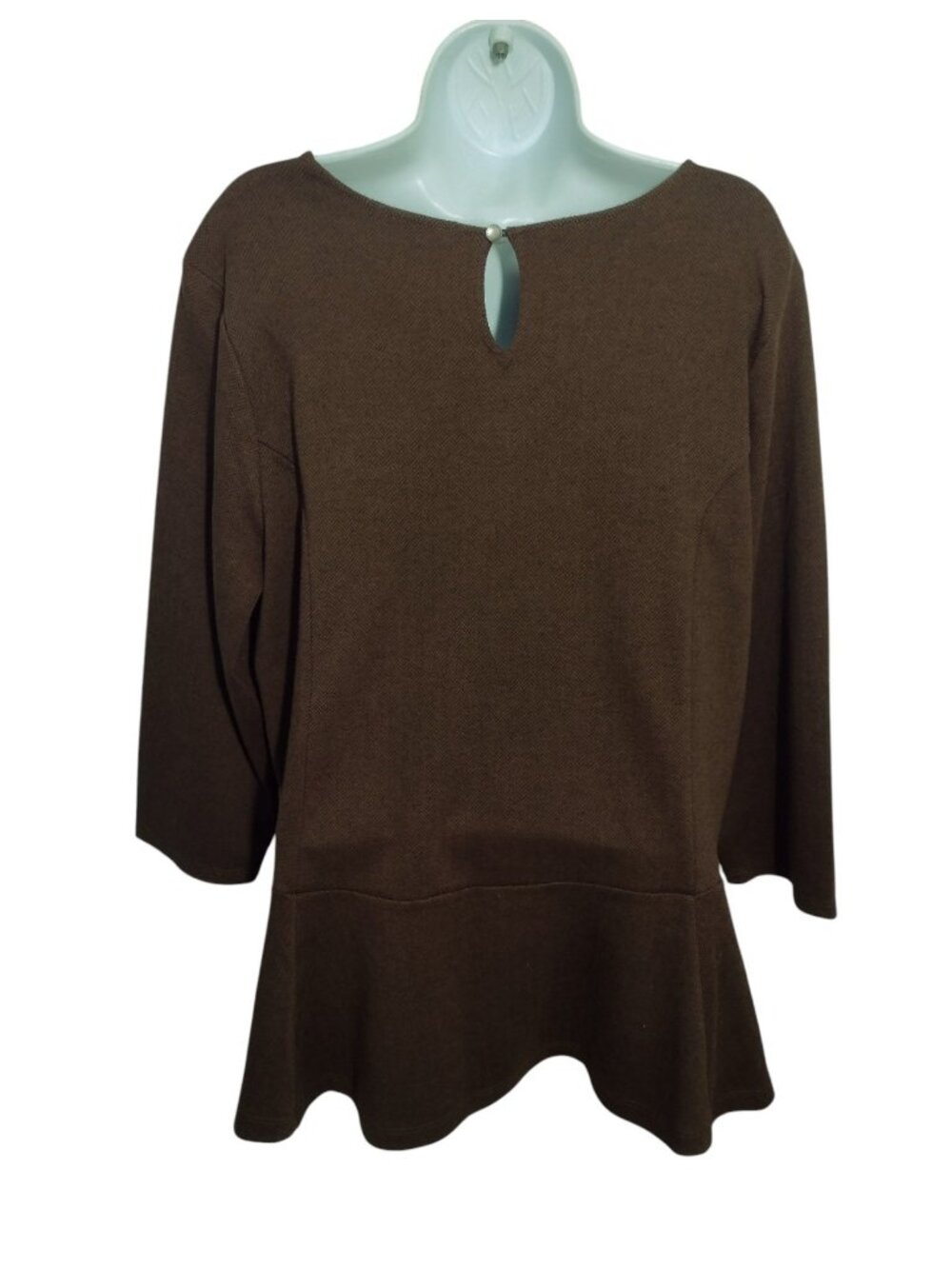 Lauren Ralph Lauren Herringbone Peplum Shirt 2X Brown Quiet Luxury 3/4 Sleeves - Picture 4 of 8